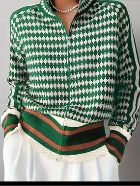 Green White and Brown Patterned Zip-Up Sweatshirt